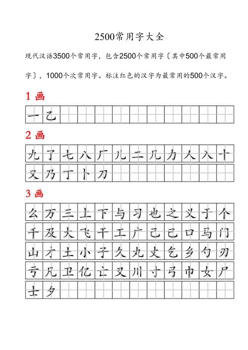 田字格华文楷体2500常用字.docx