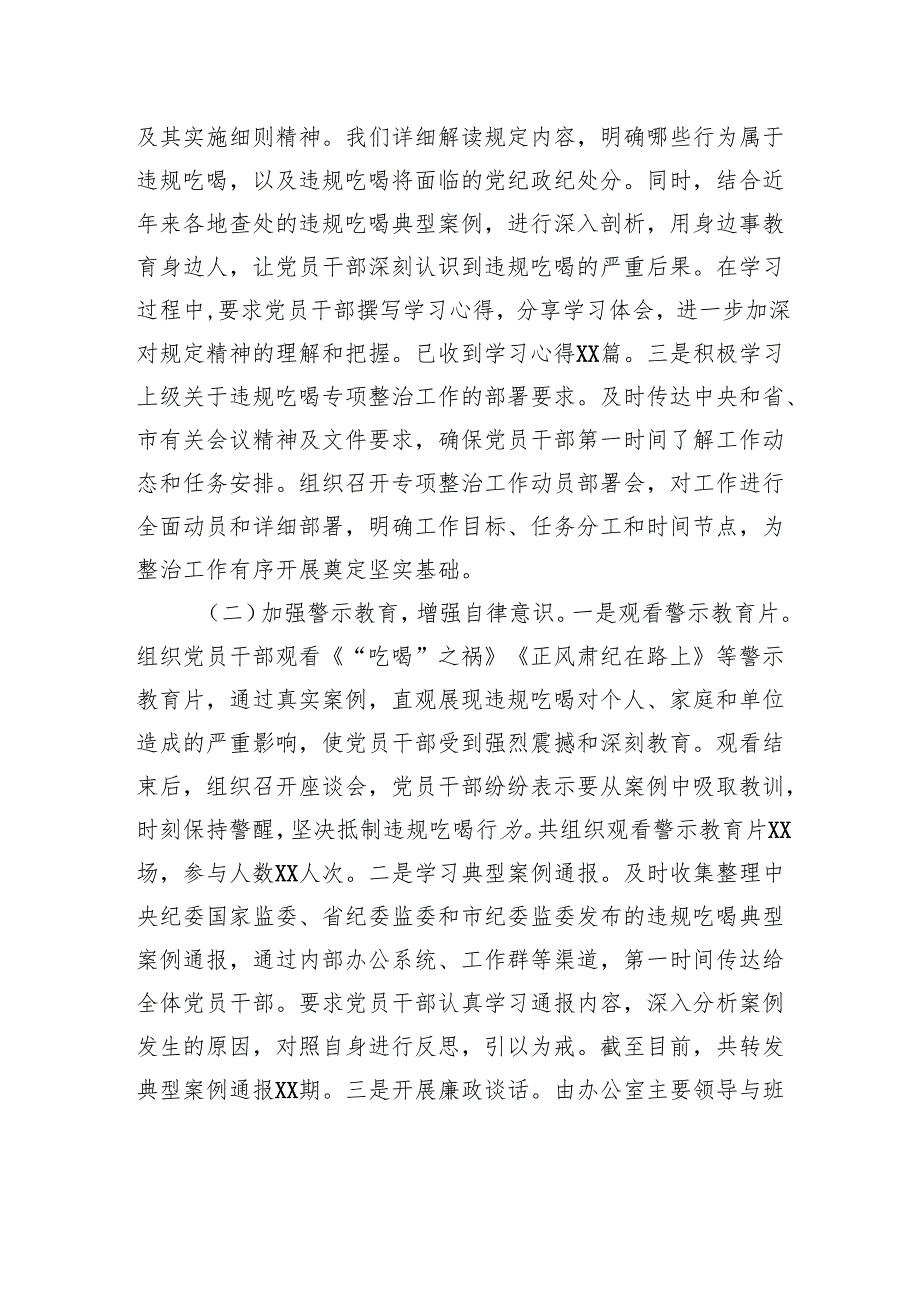 违规吃喝专项整治工作汇报：严抓狠刹吃喝风风清气正促履职.docx_第2页