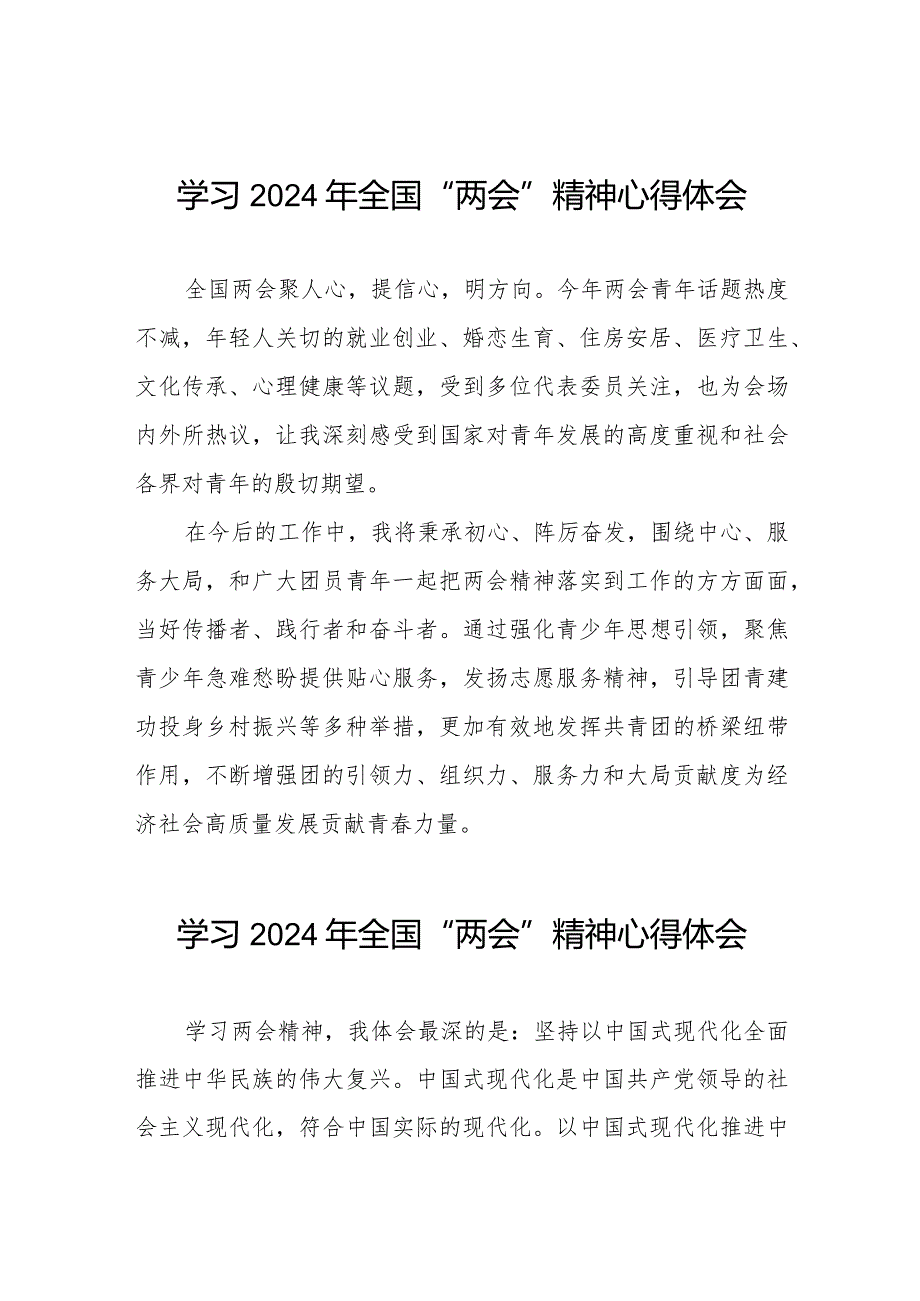 青年干部学习2024年全国“两会”精神心得体会二十篇.docx_第1页