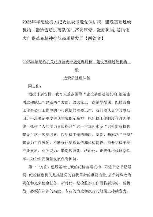 2025年年纪检机关纪委监委专题党课讲稿：建设基础过硬机构锻造素质过硬队伍与严管厚爱激励担当发扬伟大自我革命精神护航高质量发展【两篇文】.docx