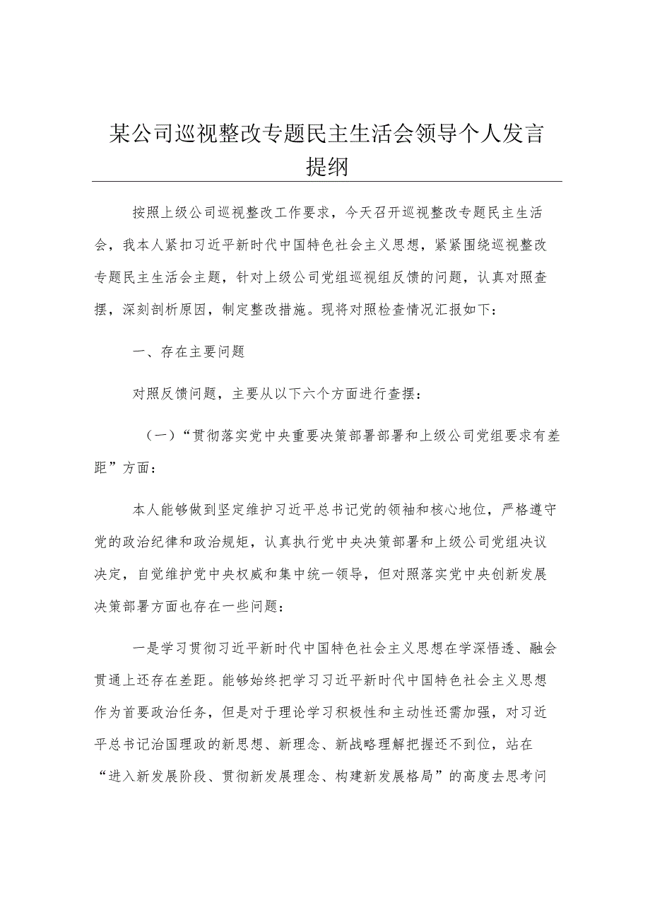 某公司巡视整改专题民主生活会领导个人发言提纲.docx_第1页