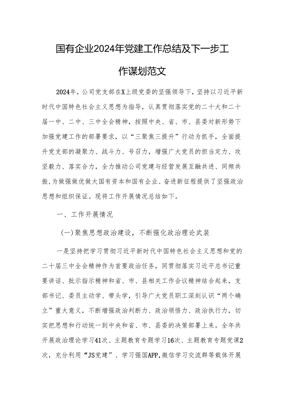国有企业2024年党建工作总结及下一步工作谋划范文.docx_第1页