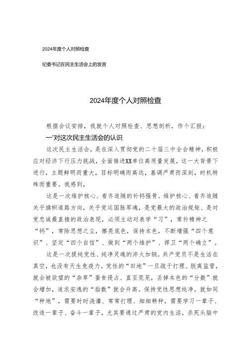 2024个人对照检查发言+纪委书记在民主生活会上的发言.docx