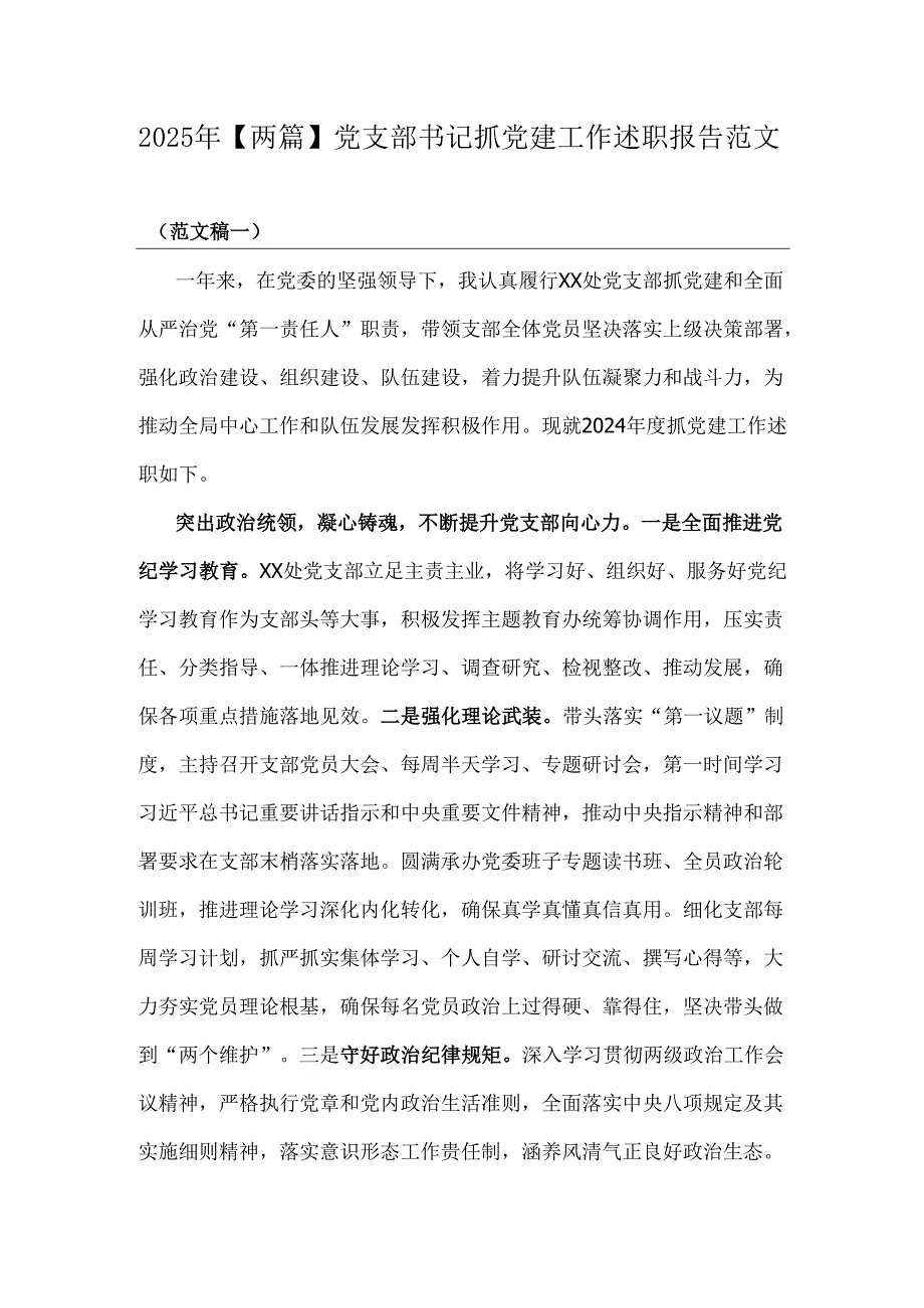 2025年【两篇】党支部书记抓党建工作述职报告范文.docx_第1页