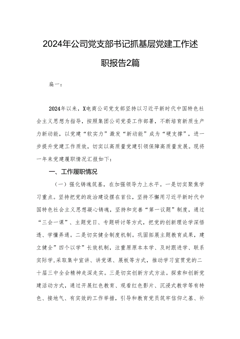 2024年公司党支部书记抓基层党建工作述职报告2篇.docx_第1页