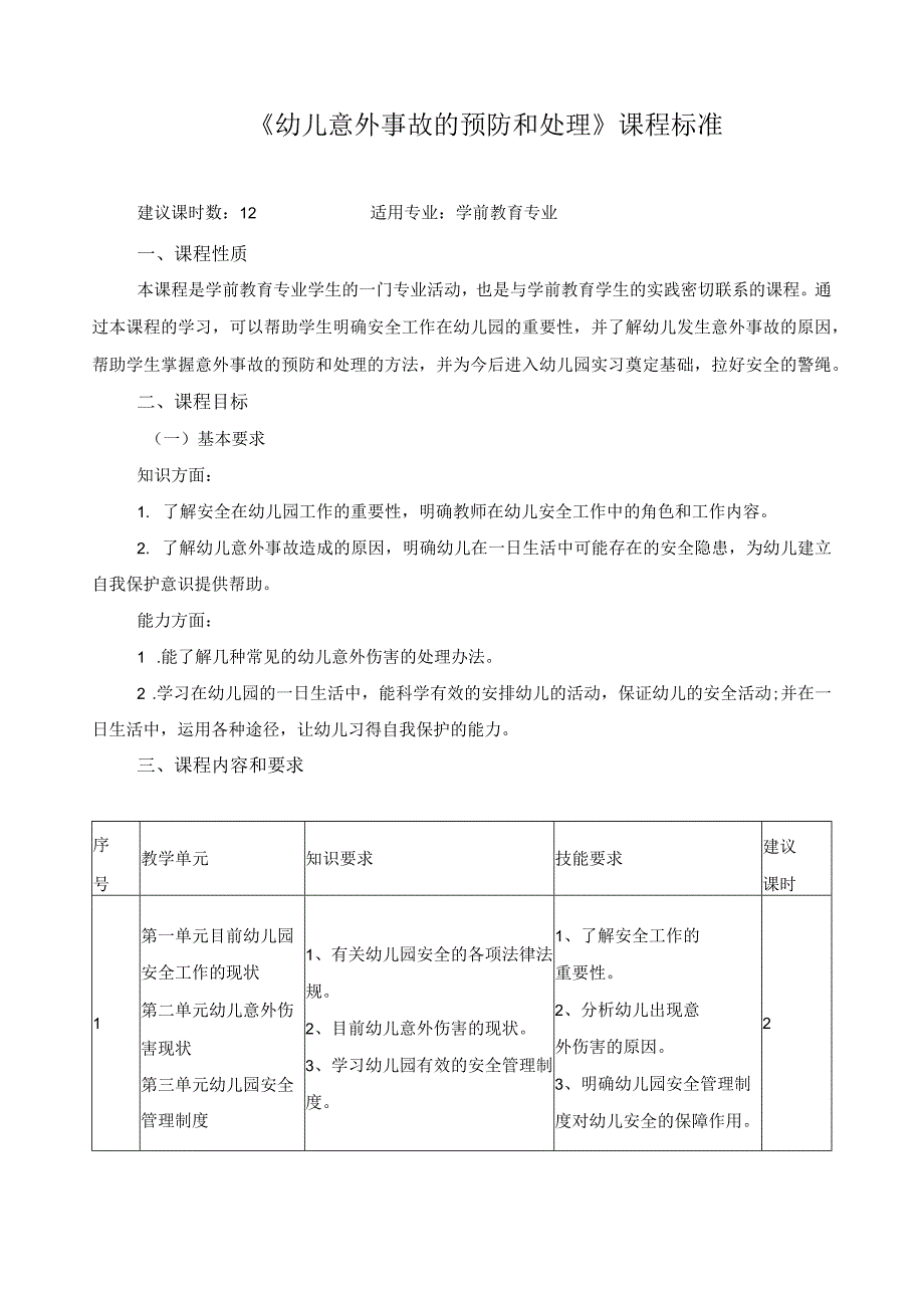 《幼儿意外事故的预防和处理》课程标准.docx_第1页