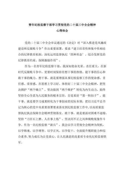 青年纪检监察干部学习贯彻党的二十三中全会精神心得体会8篇（最新版）.docx