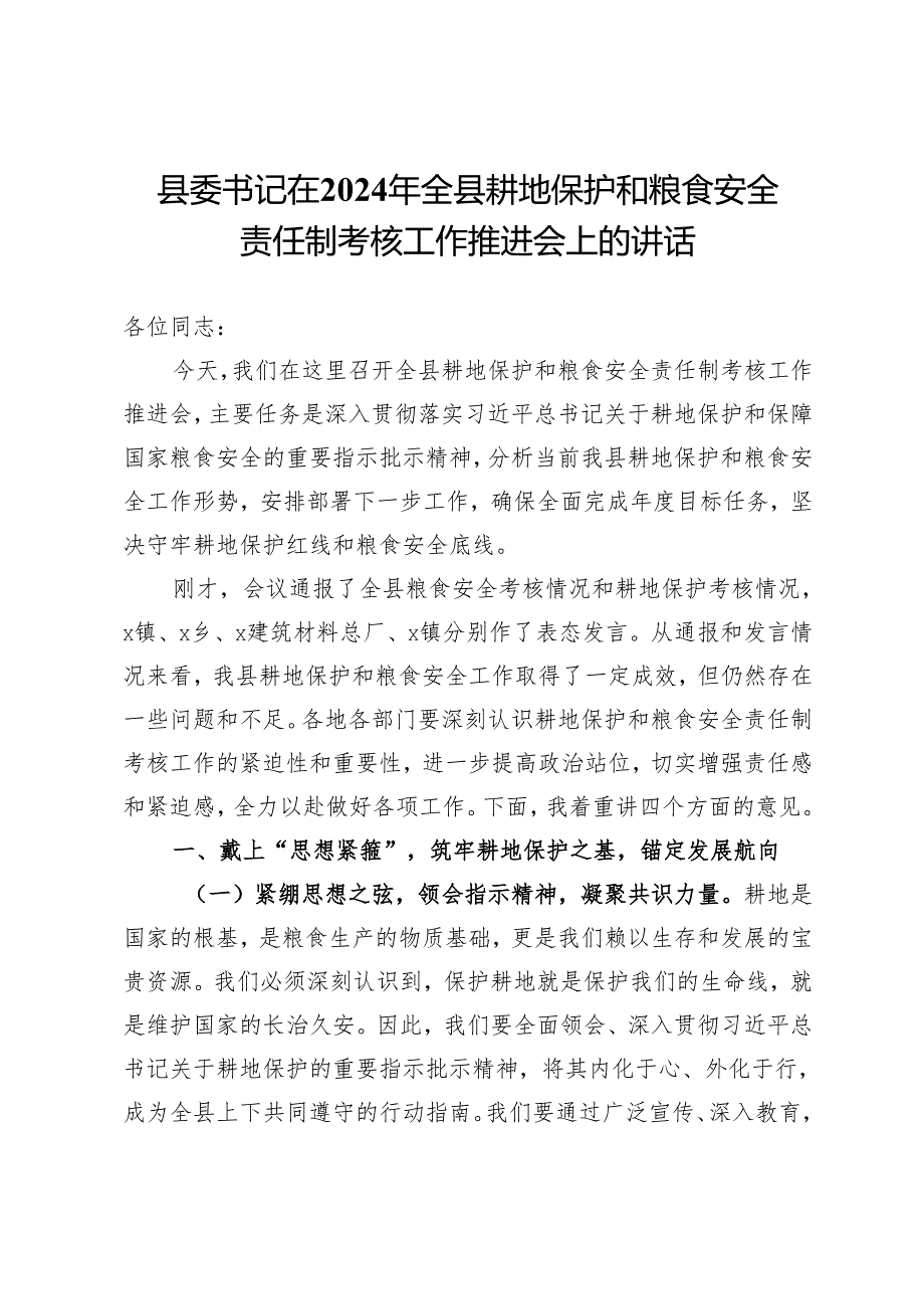 在2024年全县耕地保护和粮食安全责任制考核工作推进会上的讲话.docx_第1页