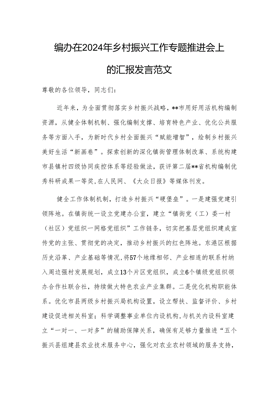 编办在2024年乡村振兴工作专题推进会上的汇报发言范文.docx_第1页