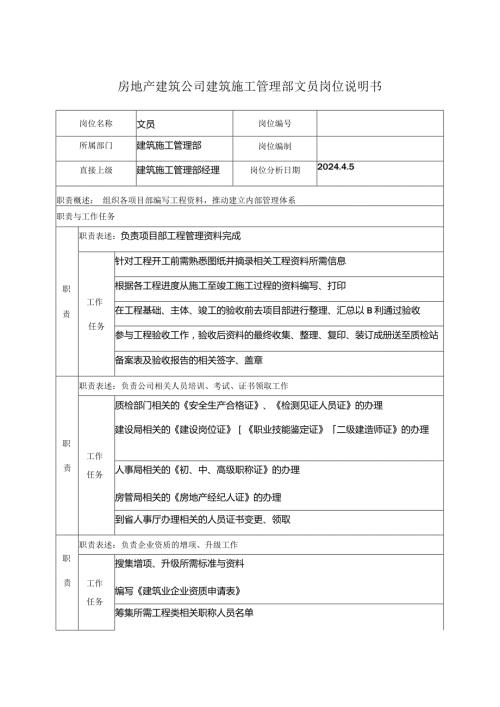 房地产建筑公司建筑施工管理部文员岗位说明书.docx