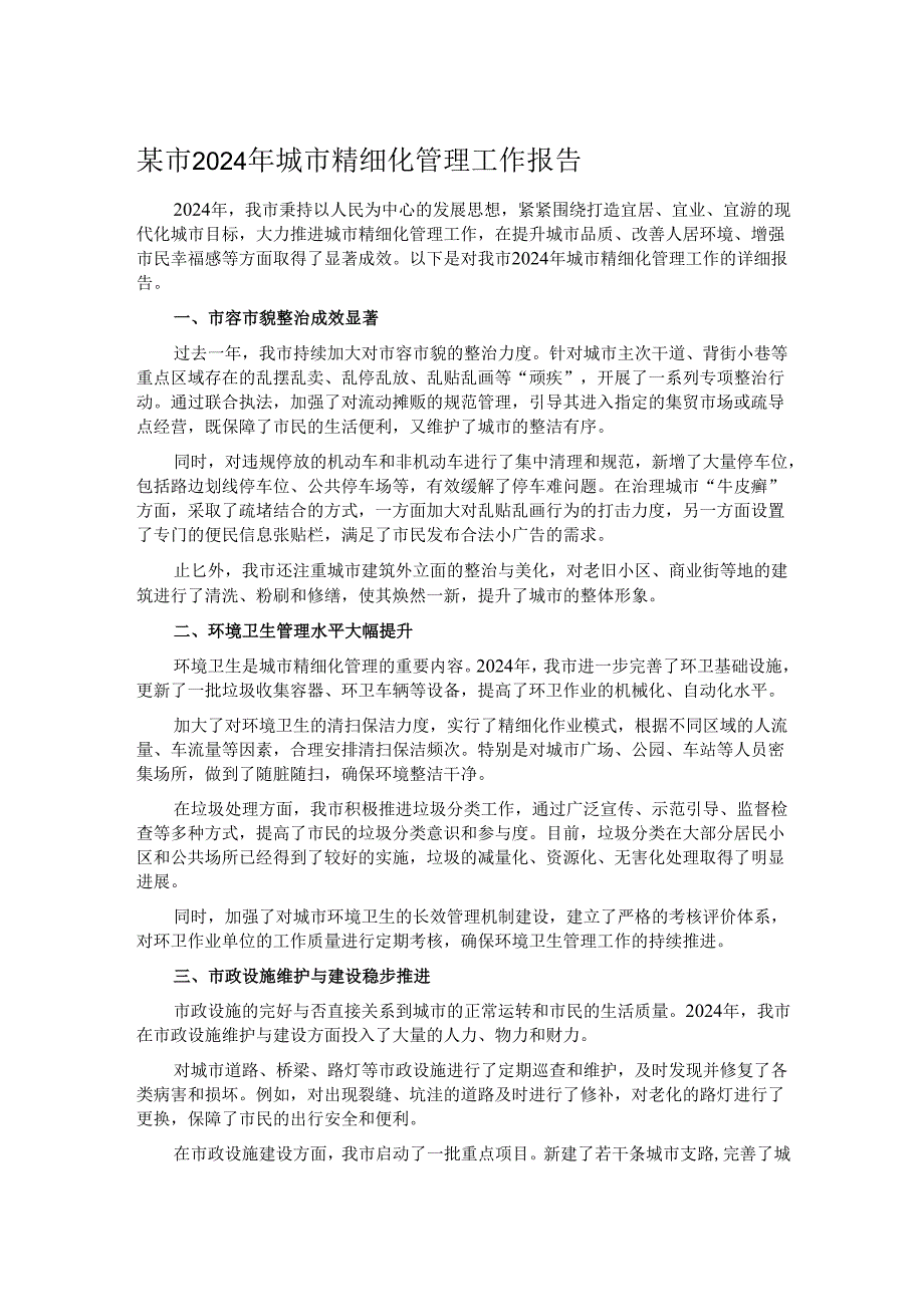 某市 2024 年城市精细化管理工作报告.docx_第1页