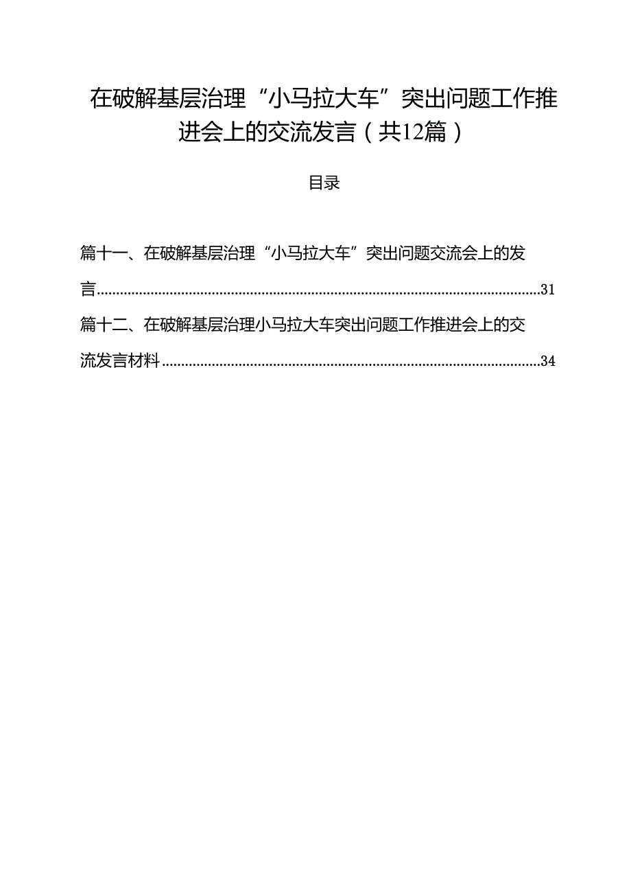 在破解基层治理“小马拉大车”突出问题工作推进会上的交流发言（共12篇）.docx_第1页