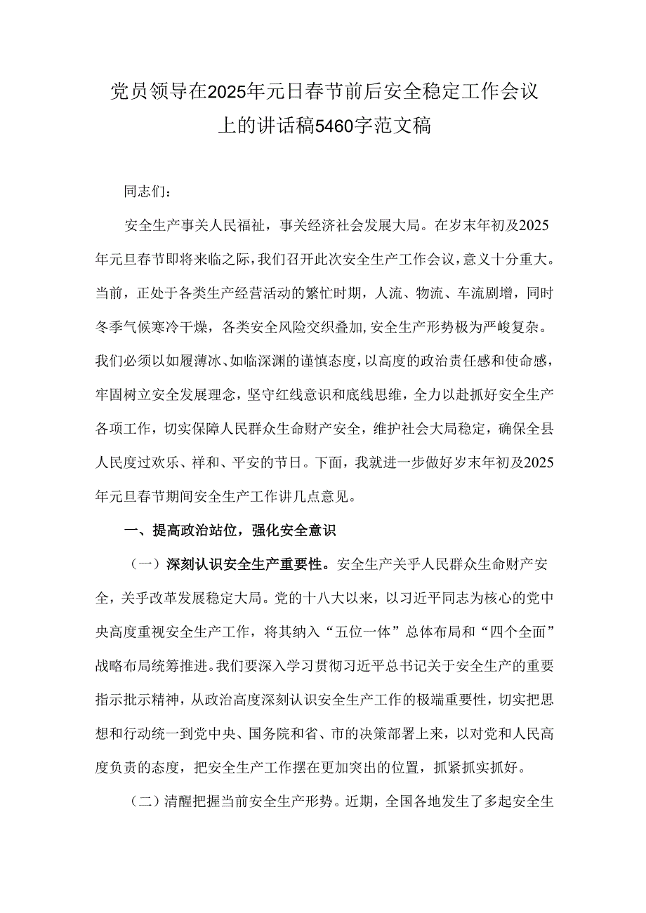 党员领导在2025年元日节前后安全稳定工作会议上的讲话稿5460字范文稿.docx_第1页