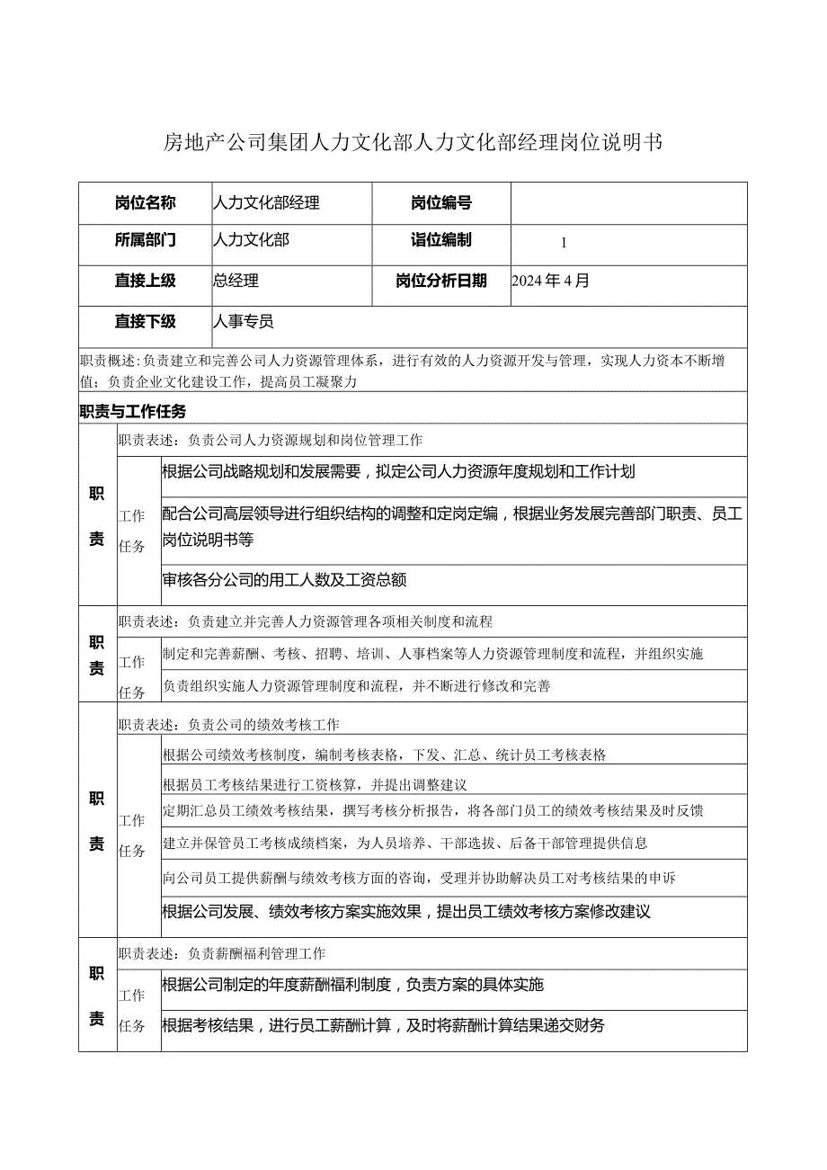 房地产公司集团人力文化部人力文化部经理岗位说明书.docx_第1页