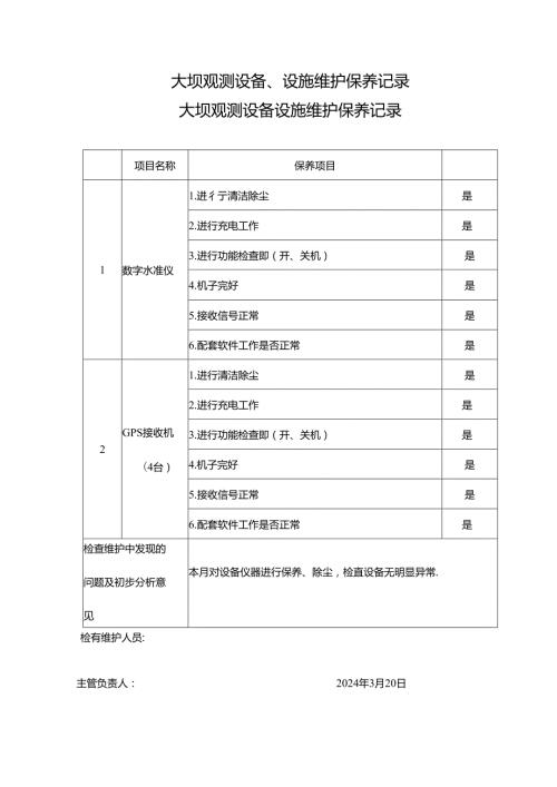 大坝观测设备、设施维护保养记录.docx