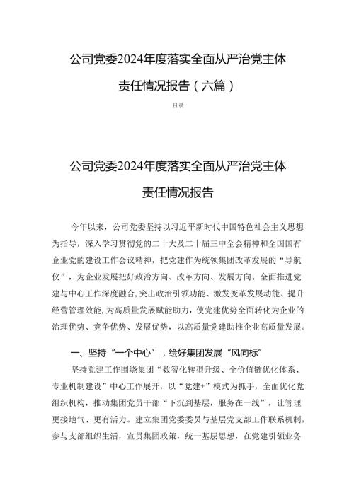 公司党委2024落实全面从严治党主体责任情况报告(六篇).docx