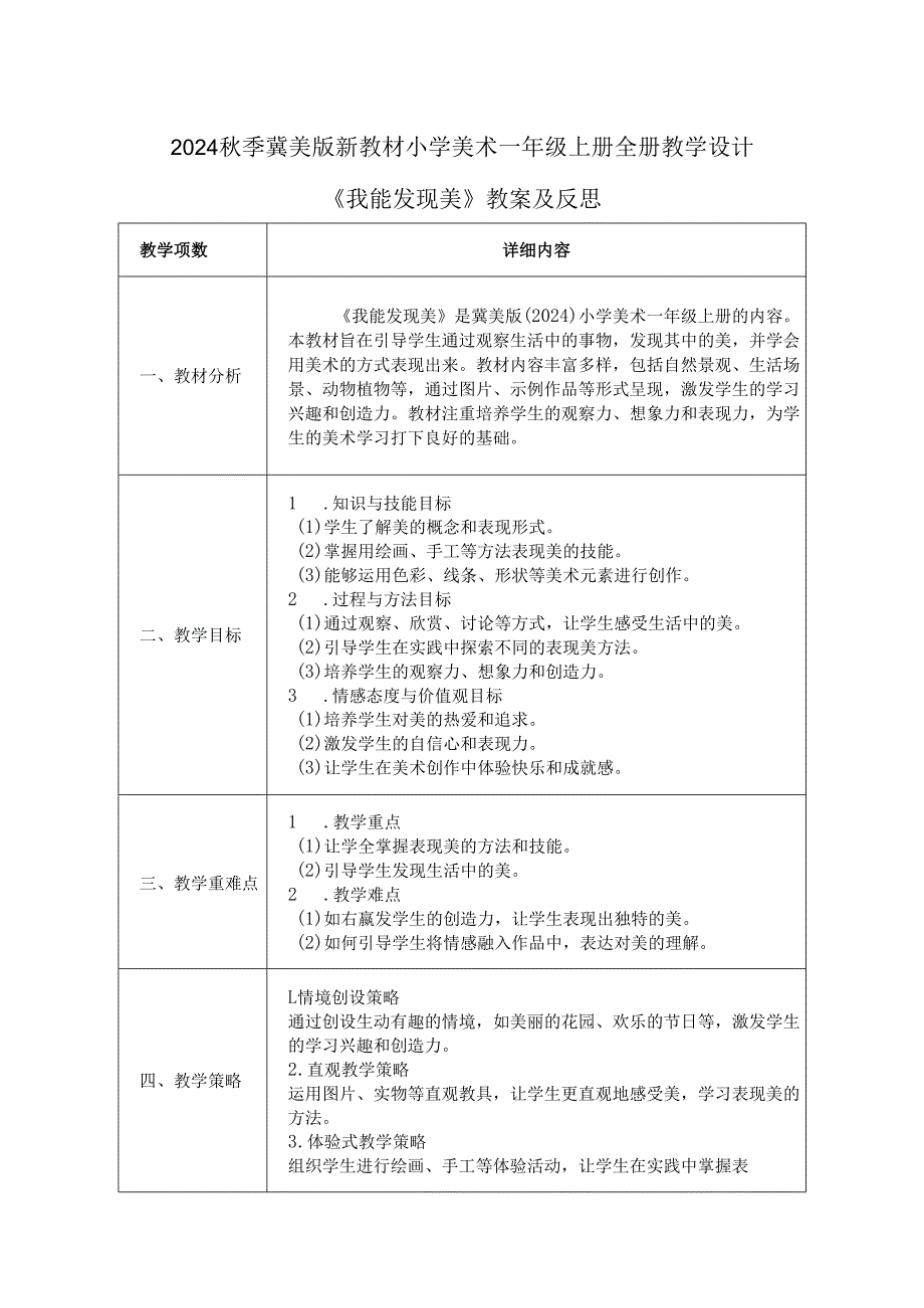 2024季冀美版新教材小学美术一年级上册全册教案教学设计含反思.docx_第1页