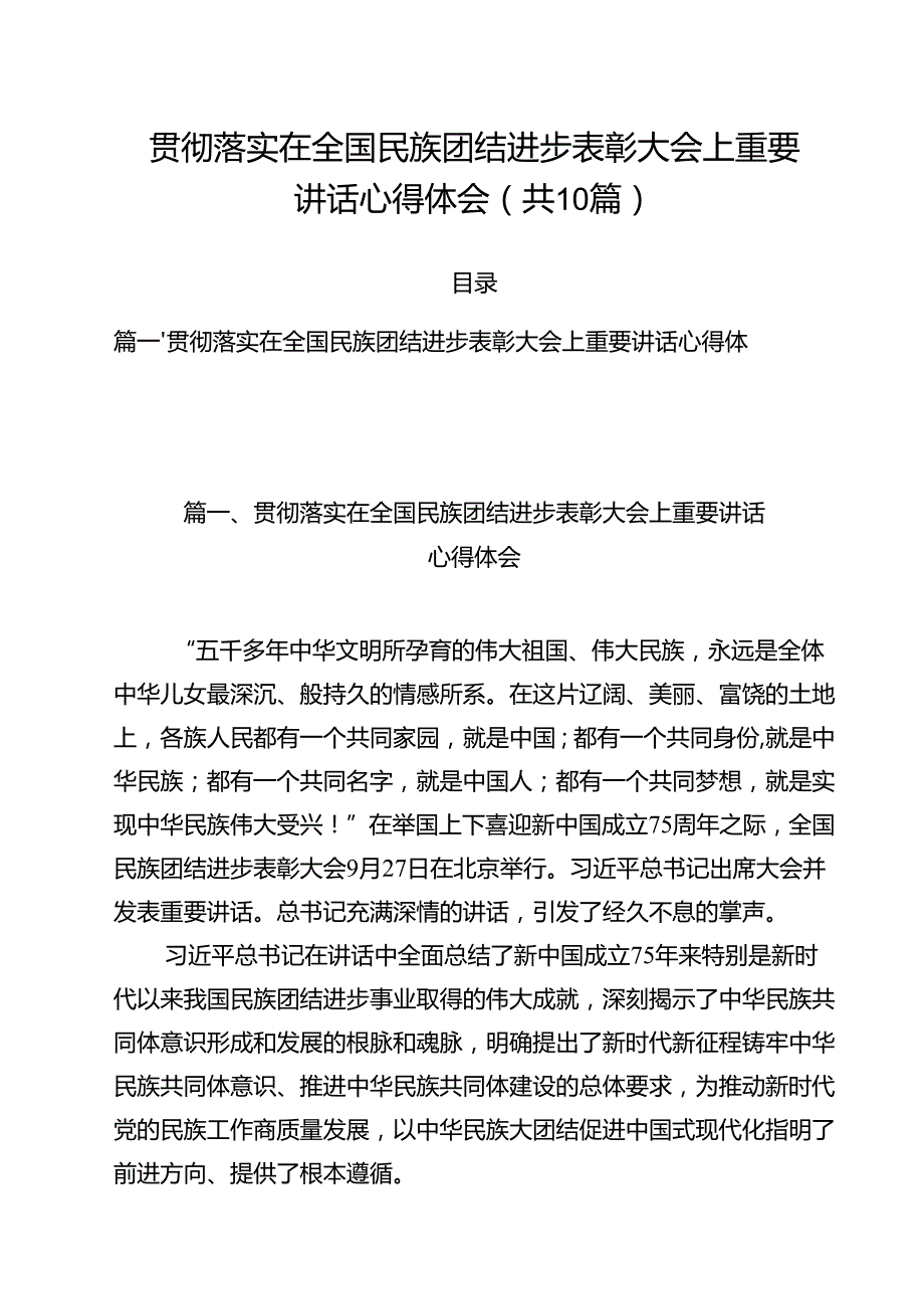 （10篇）贯彻落实在全国民族团结进步表彰大会上重要讲话心得体会范文.docx_第1页