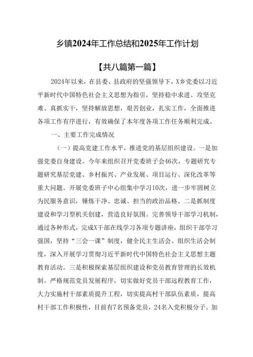 （8篇）乡镇2024年工作总结和2025年工作计划.docx