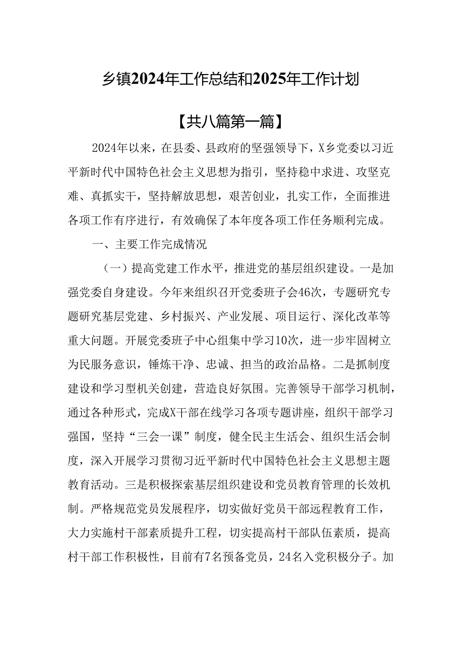 （8篇）乡镇2024年工作总结和2025年工作计划.docx_第1页