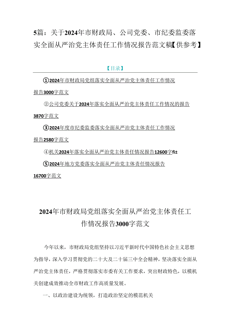 5篇：关于2024年市财政局、公司党委、市纪委监委落实全面从严治党主体责任工作情况报告范文稿【供参考】.docx_第1页