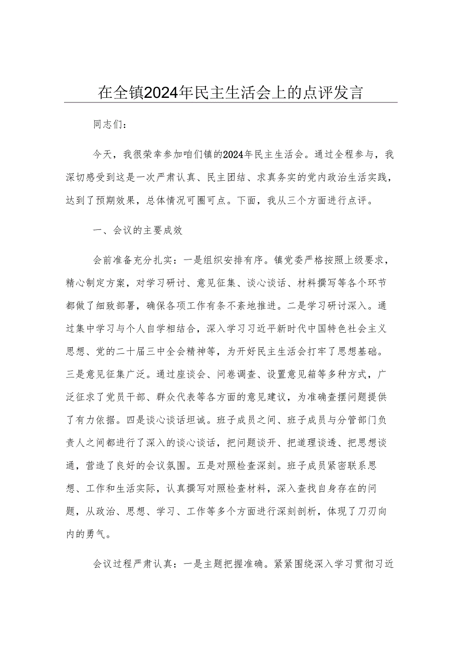 在全镇2024年民主生活会上的点评发言.docx_第1页