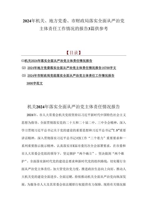 2024年机关、地方党委、市财政局落实全面从严治党主体责任工作情况的报告3篇供参考.docx