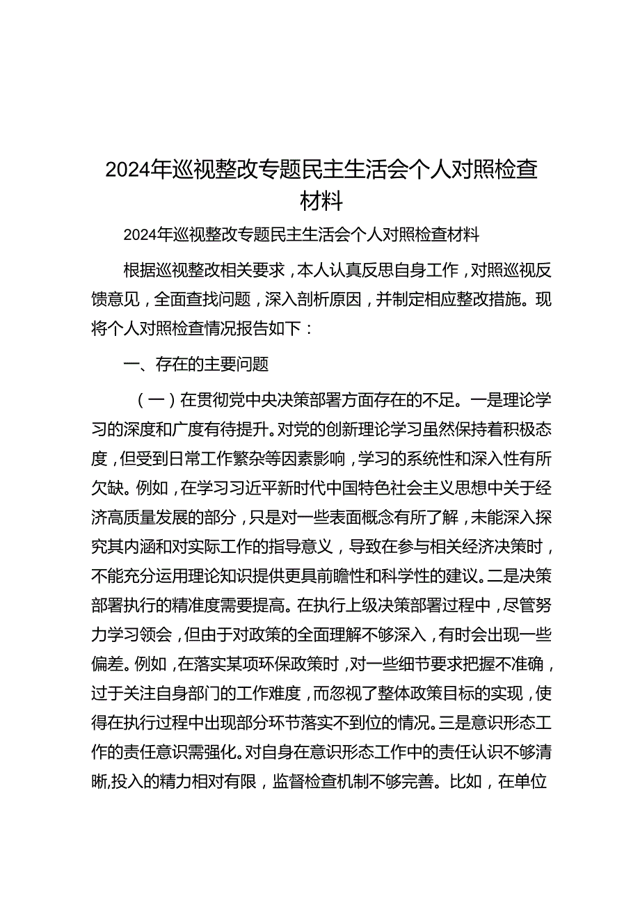 2024年巡视整改专题民主生活会个人对照检查材料（5篇）.docx_第1页