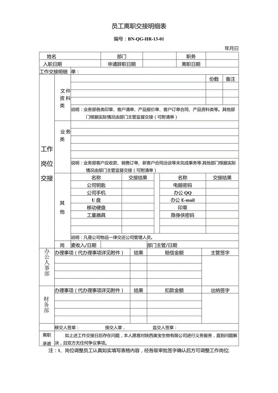公司企业1301员工交接明细表（其他）.docx_第1页