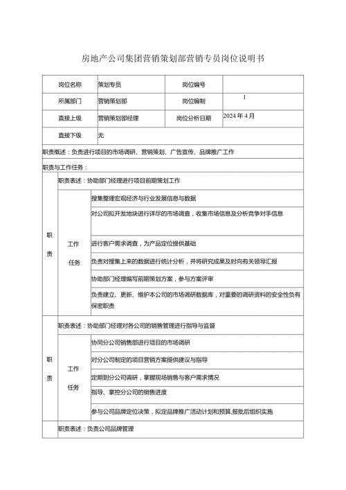 房地产公司集团营销策划部营销专员岗位说明书.docx