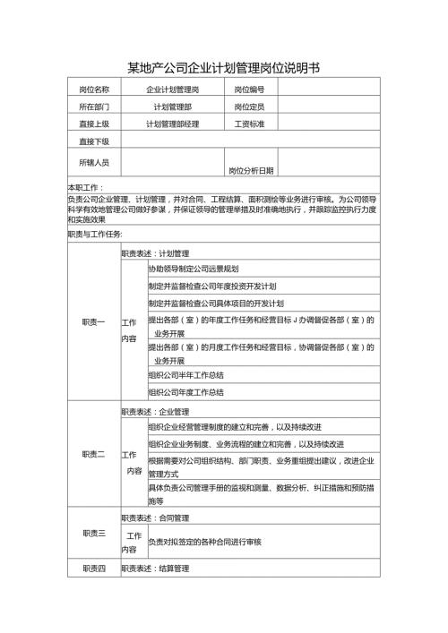 某地产公司企业计划管理岗位说明书.docx