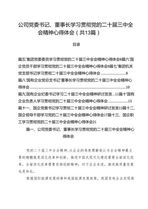 （13篇）公司党委书记、董事长学习贯彻党的二十三中全会精神心得体会范文.docx