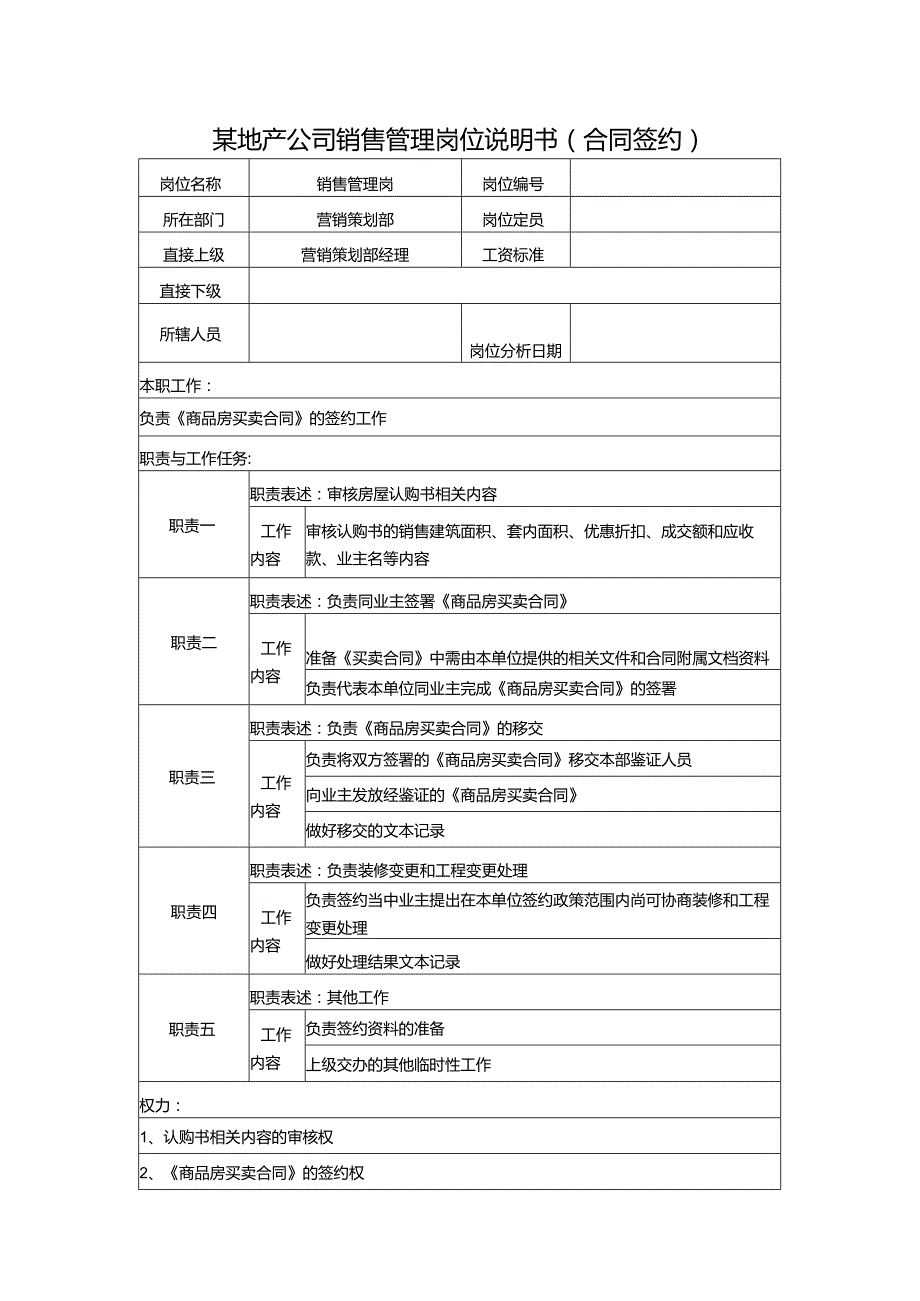 某地产公司销售管理岗位说明书（合同签约）.docx_第1页