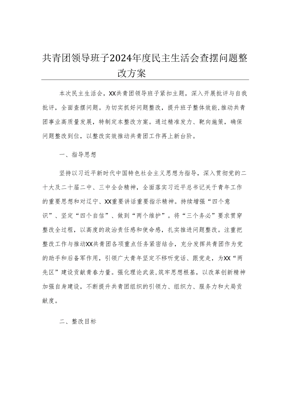共青团领导班子2024年度民主生活会查摆问题整改方案.docx_第1页
