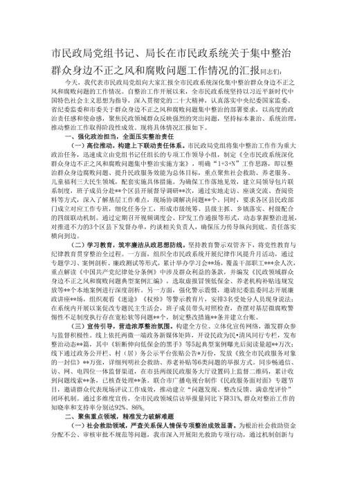 市民政局党组书记、局长在市民政系统关于集中整治群众身边不正之风和腐败问题工作情况的汇报.docx