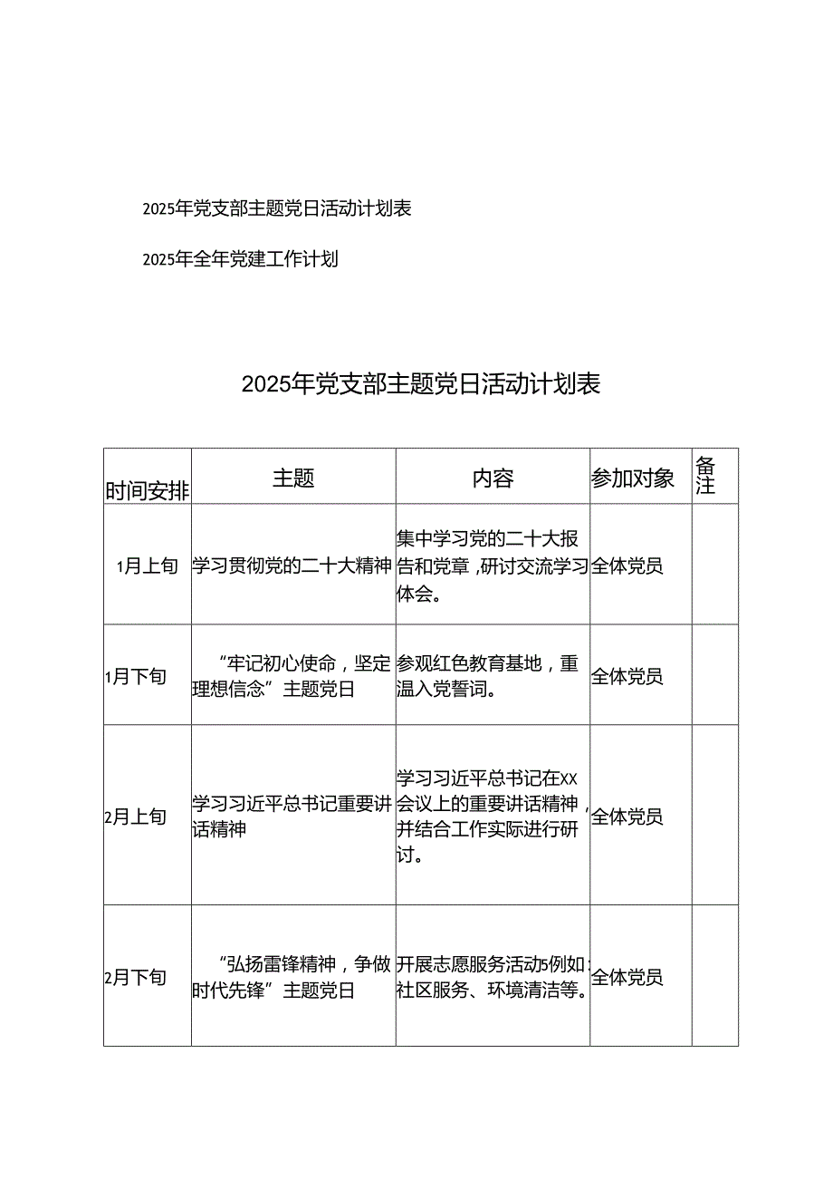 2025年党支部主题党日活动计划表+2025年全年党建工作计划.docx_第1页