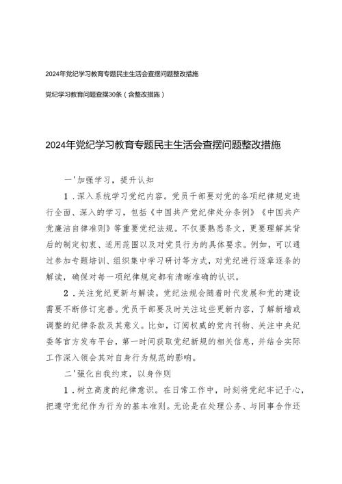20242025党纪学习教育专题民主生活会查摆问题整改措施+党纪学习教育问题查摆30条（含整改措施）.docx