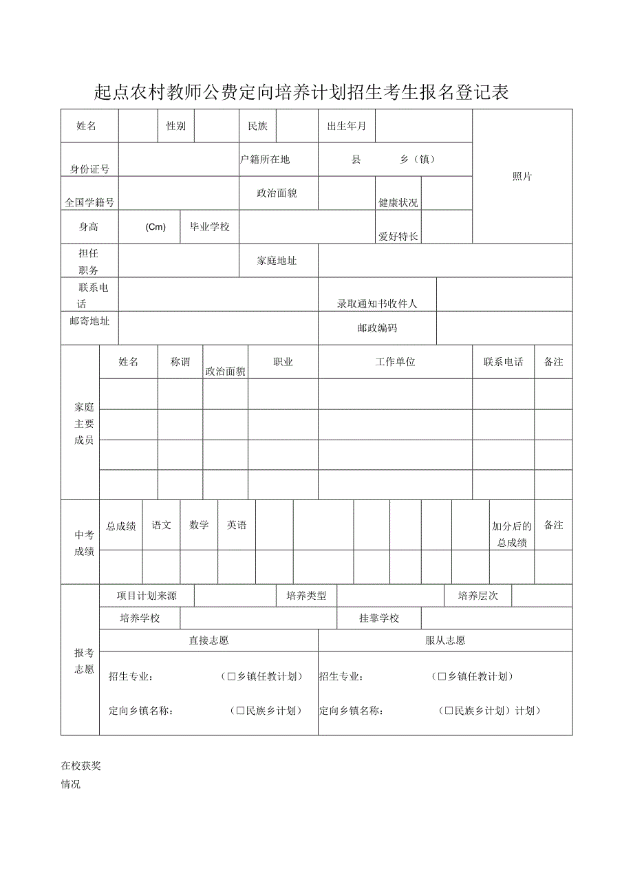 起点农村教师公费定向培养计划招生考生报名登记表.docx_第1页