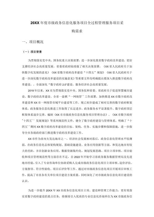 20XX市级政务信息化服务项目全过程管理服务项目采购需求.docx