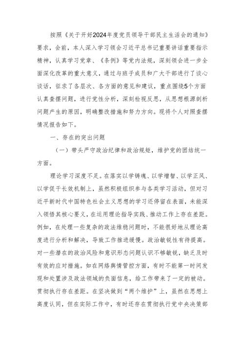 政法委书记2024民主生活个人四个带头检视发言材料范文两篇.docx