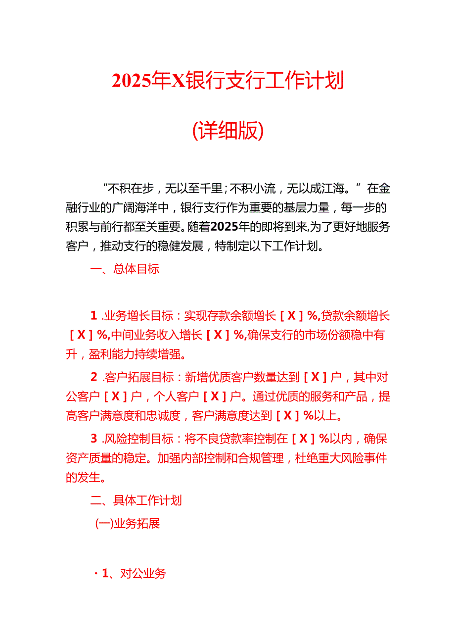2025年X银行支行工作计划（详细版）.docx_第1页