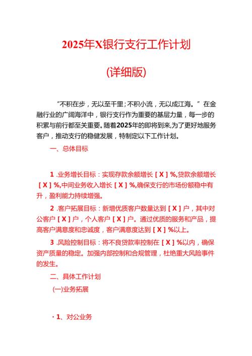2025年X银行支行工作计划（详细版）.docx