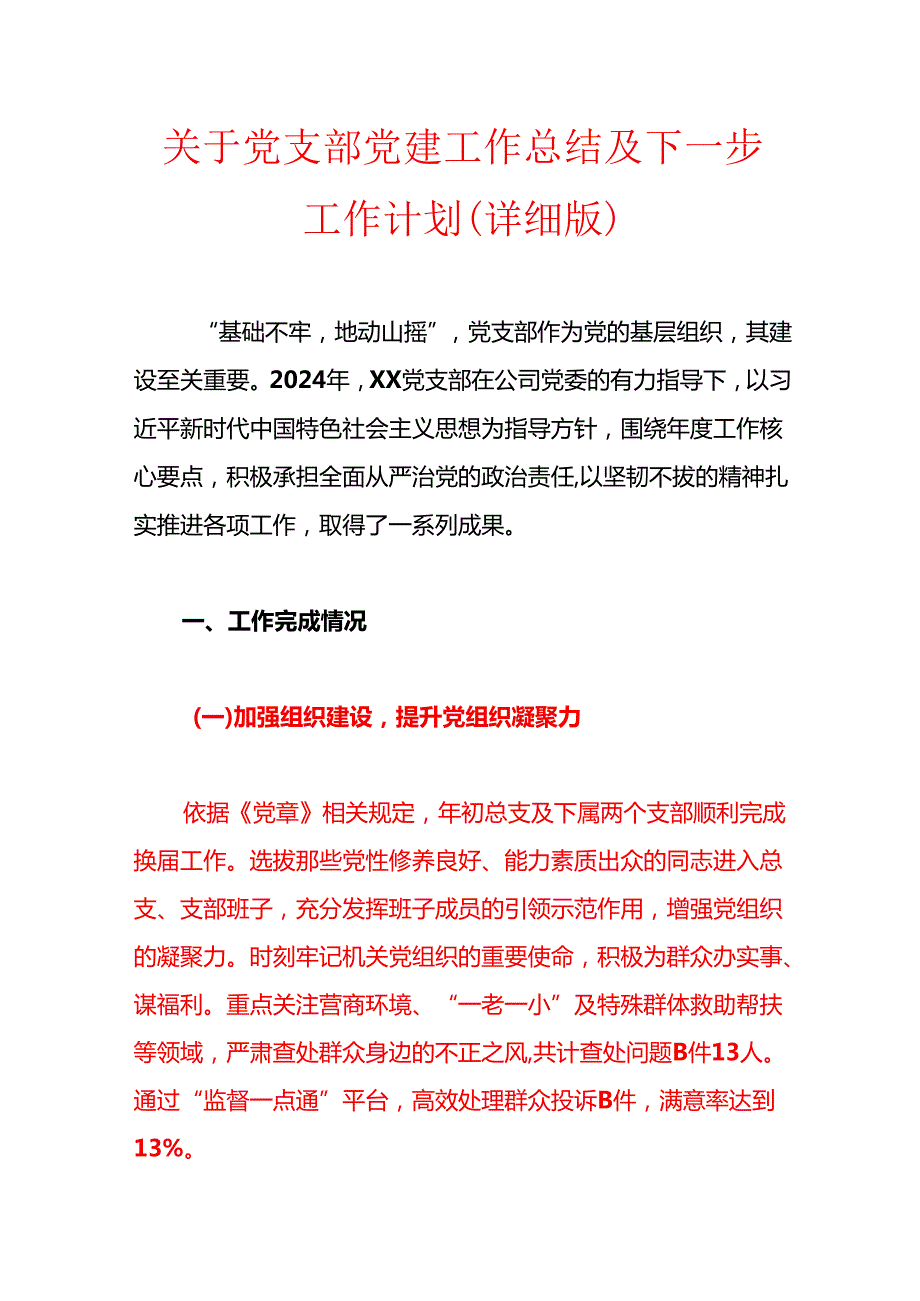 关于党支部党建工作总结及下一步工作计划（详细版）.docx_第1页