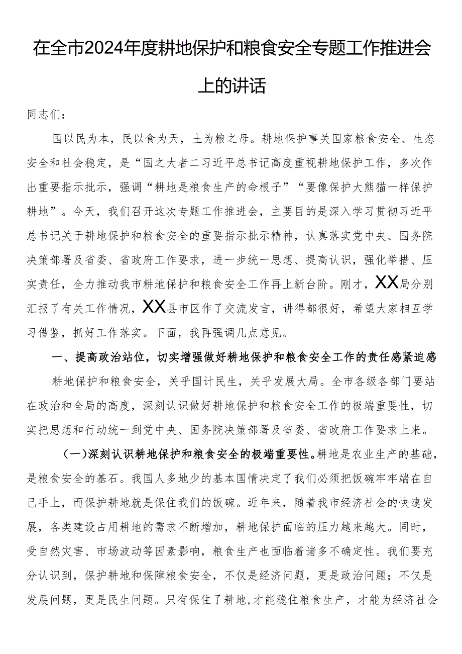 在全市2024耕地保护和粮食安全专题工作推进会上的讲话.docx_第1页
