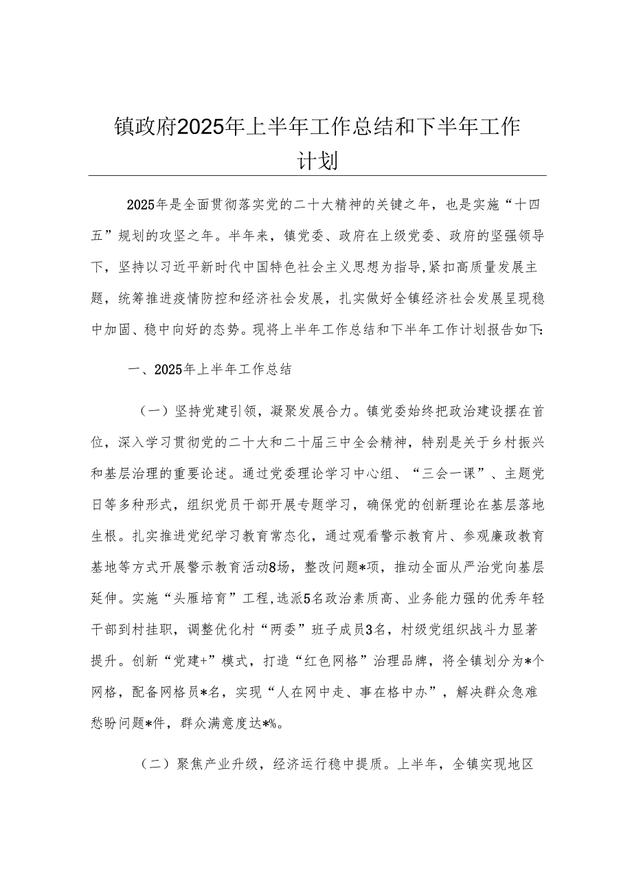 镇政府2025年上半年工作总结和下半年工作计划.docx_第1页