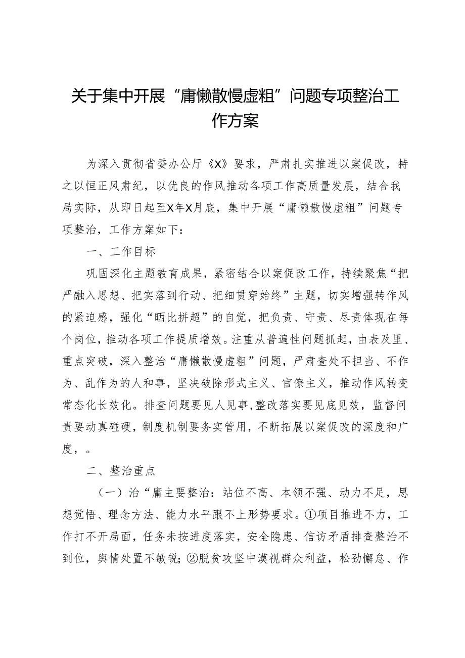 关于集中开展“庸懒散慢虚粗”问题专项整治工作方案.docx_第1页