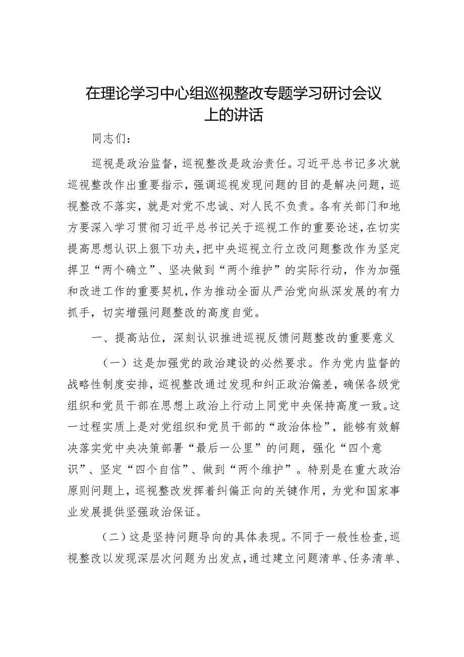 在理论学习中心组巡视整改专题学习研讨会议上的讲话.docx_第1页