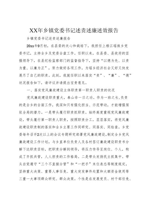 XX年乡镇党委书记述责述廉述效报告1.docx