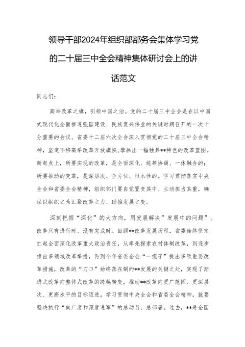 领导干部2024年组织部部务会集体学习党的二十三中会议精神集体研讨会上的讲话范文.docx