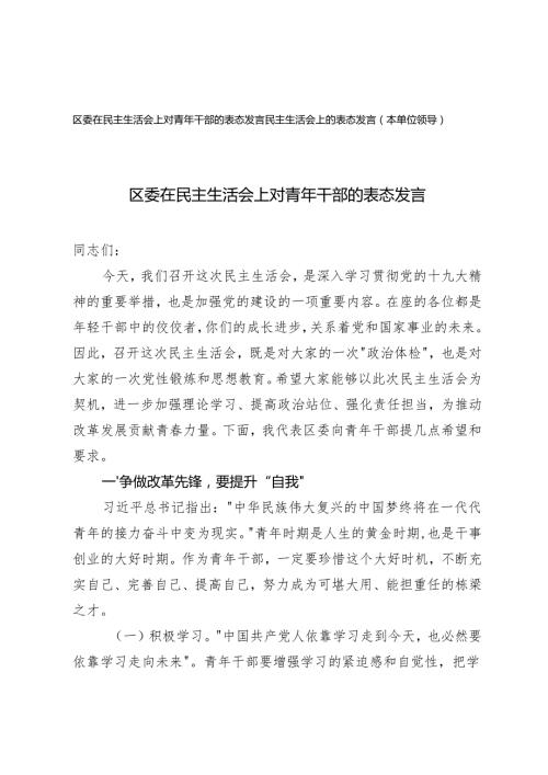 20242025区委在民主生活会上对青年干部的表态发言+民主生活会上的表态发言（本单位领导）.docx